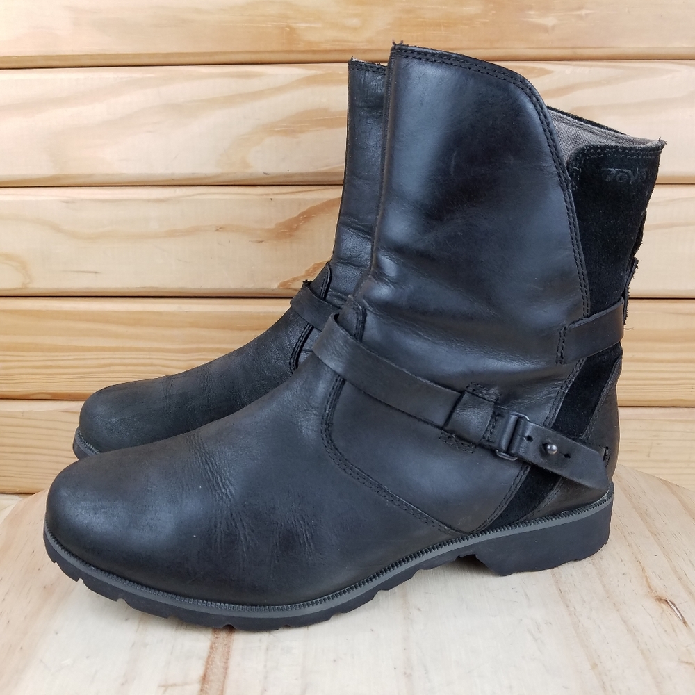 Teva De La Vina Boots Black Suede Leather Waterproof Comfort Moto Biker Side Zip